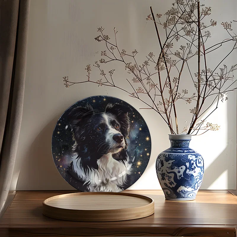 1pc Starry Night Dog Ceramic Wall Art Plate - 3D Relief Border Collie with Stars & Constellations, Round Non-Food Contact Home