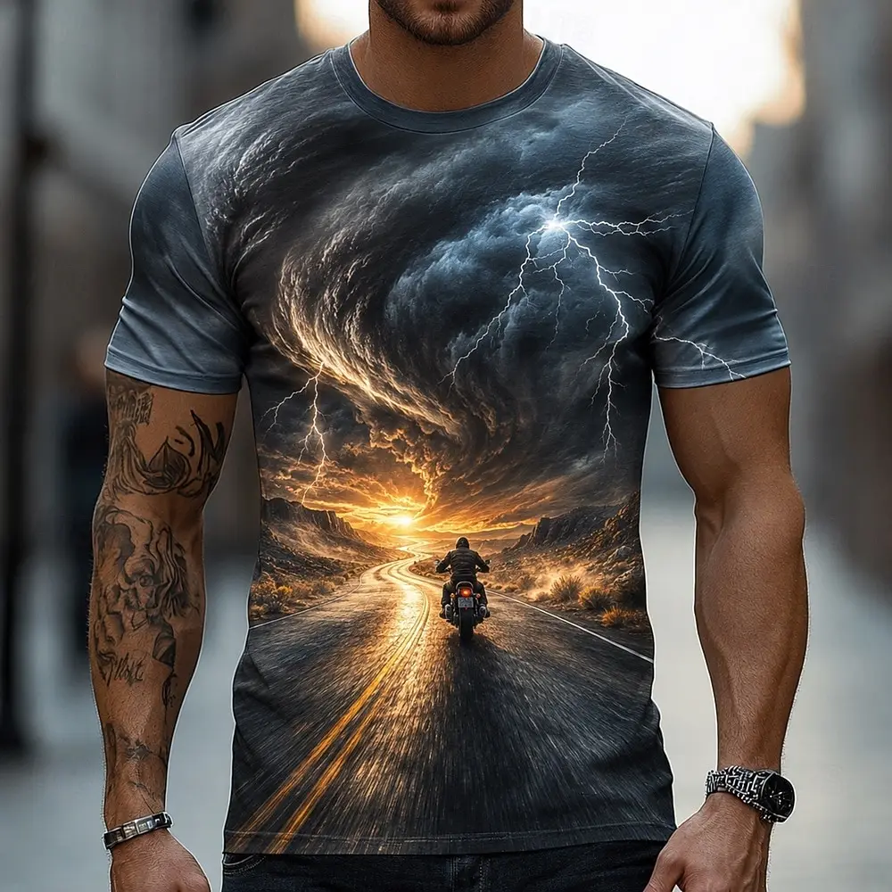 Men's Spring Summer 3D Printed Crew Neck T Shirt, Road Motorcycle Tornado Lightning Doomsday Biker Graphic Top