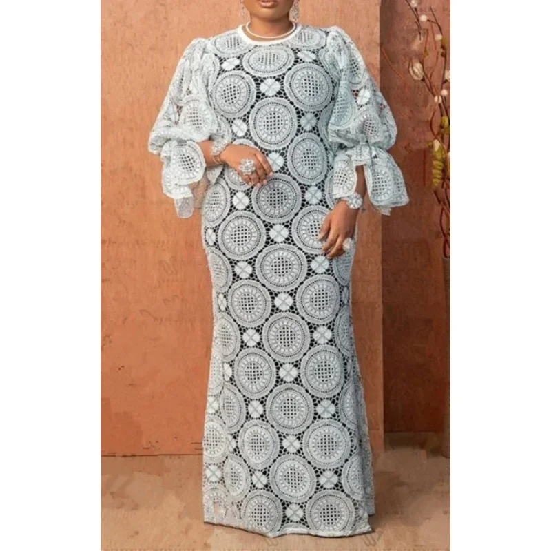 

African Dresses For Women Elegant Hollow Out New Muslim Fashion Abayas Dashiki Robe Kaftan Long Maxi Dress One Piece 2023