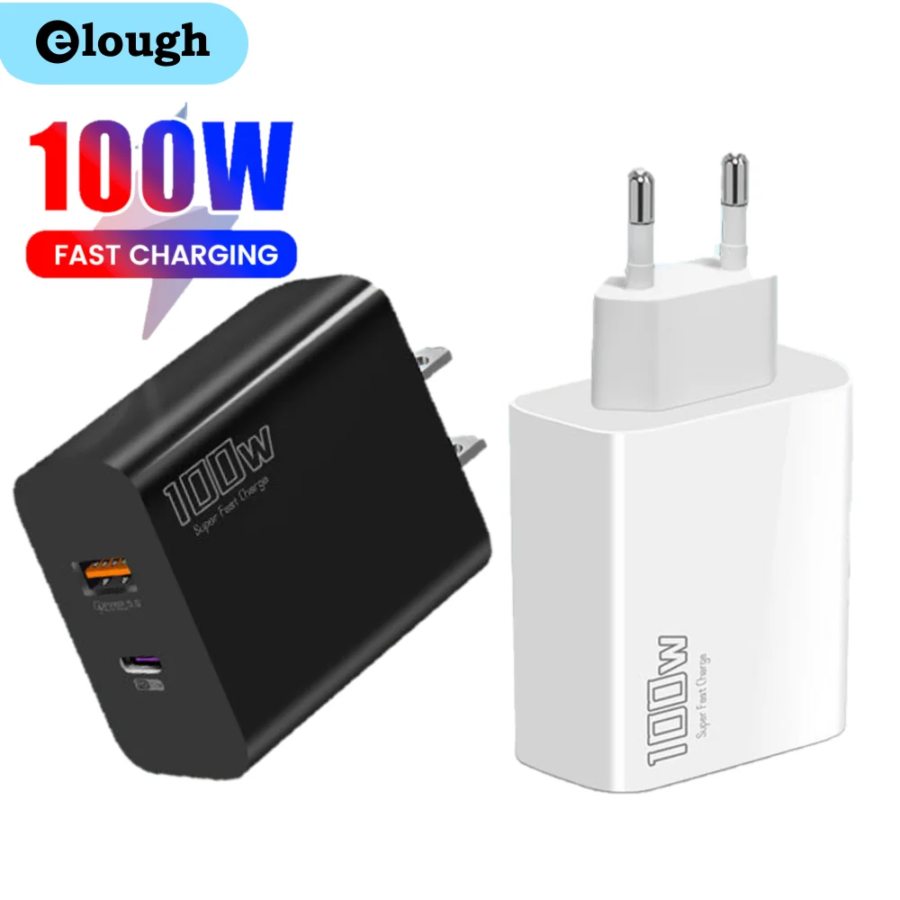 Elough 고속 충전 어댑터, 화웨이 삼성 아이폰 태블릿용, USB C + USB A 슈퍼 차지 휴대폰, EU, UK, US, 100W