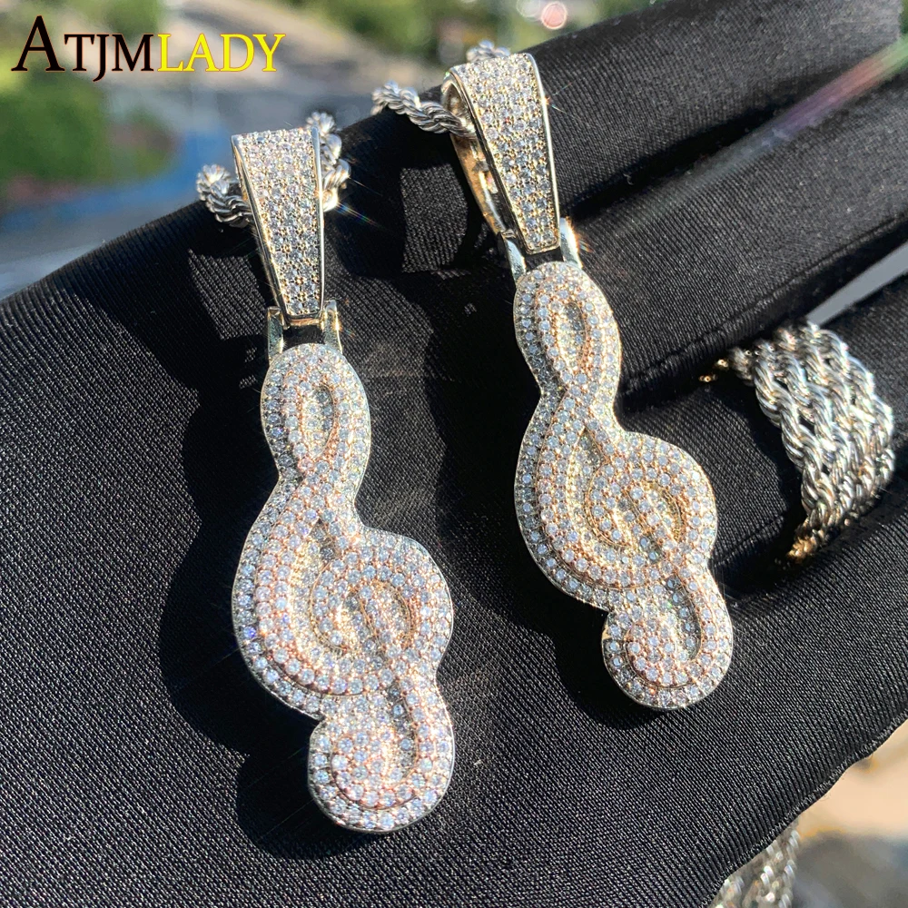 

Micro Pave Bling кубический цирконий музыкальная нота кулон ожерелье для женщин мужчин серебряный цвет музыкальный символ Iced Out Cz ювелирные изделия