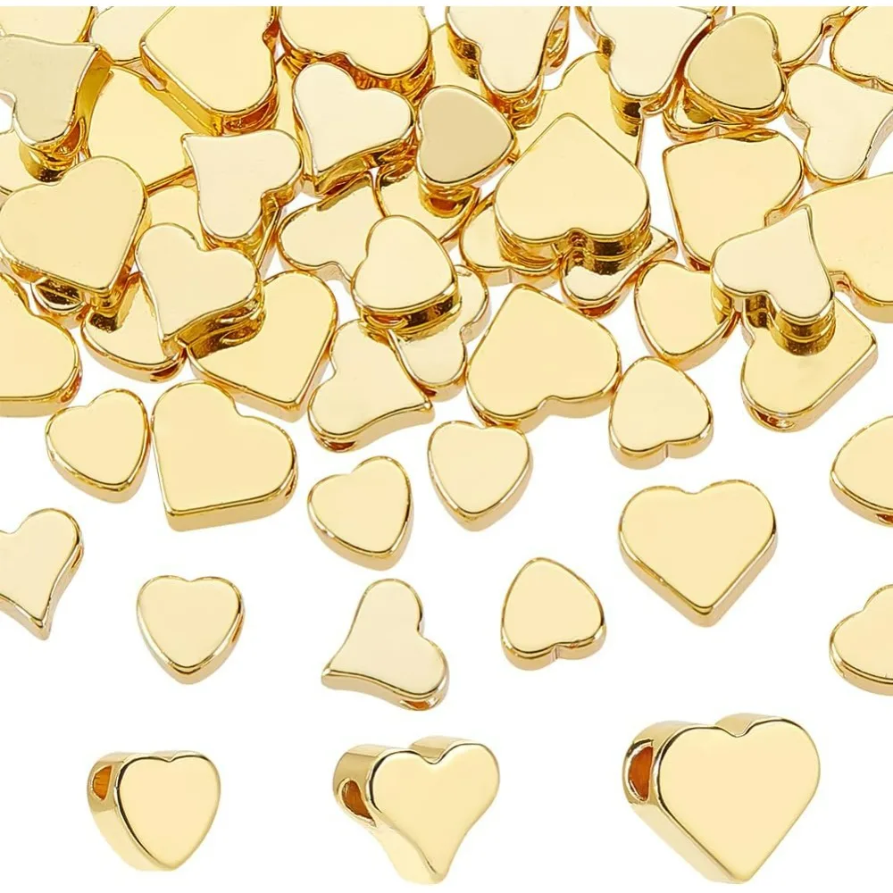 18K Gold Heart Beads 60pcs Valentine Beads 3 Sizes Long-Lasting Spacer Metal Brass Lover  Jewelry Beads