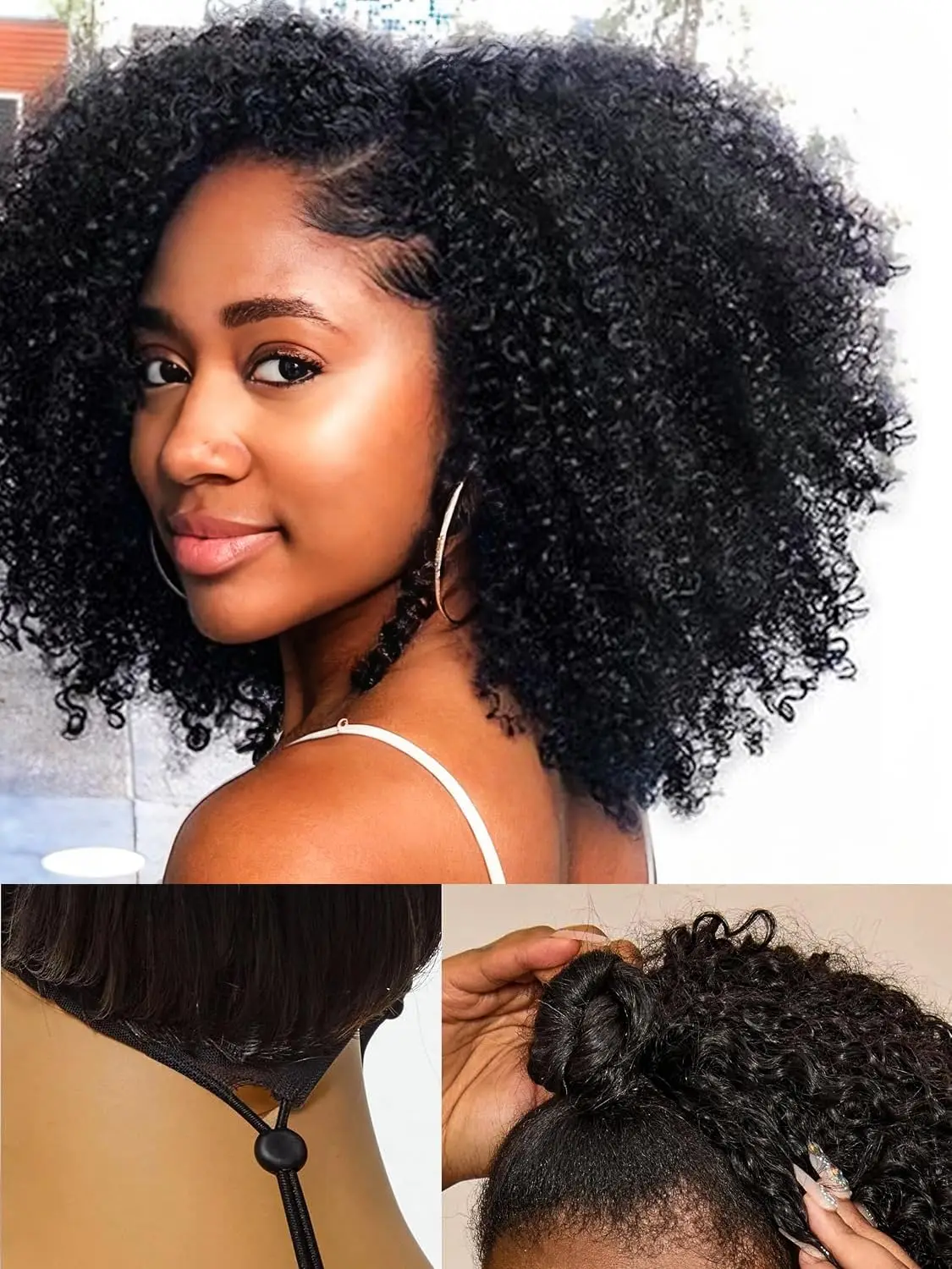 

Полупарик с шнурком из человеческих волос 4C Афро-кудрявый вьющийся парик 3 в 1, бесшовные откидные машинные вьющиеся полупарики