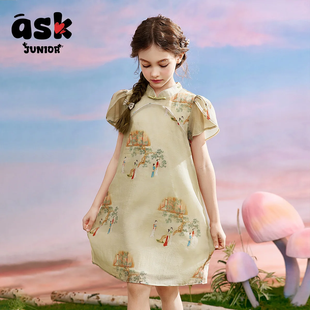 ASK JUNIOR ملابس صيفية للفتيات فستان شيونغسام صيني جديد مطبوع عتيقًا على الطراز الوطني #3