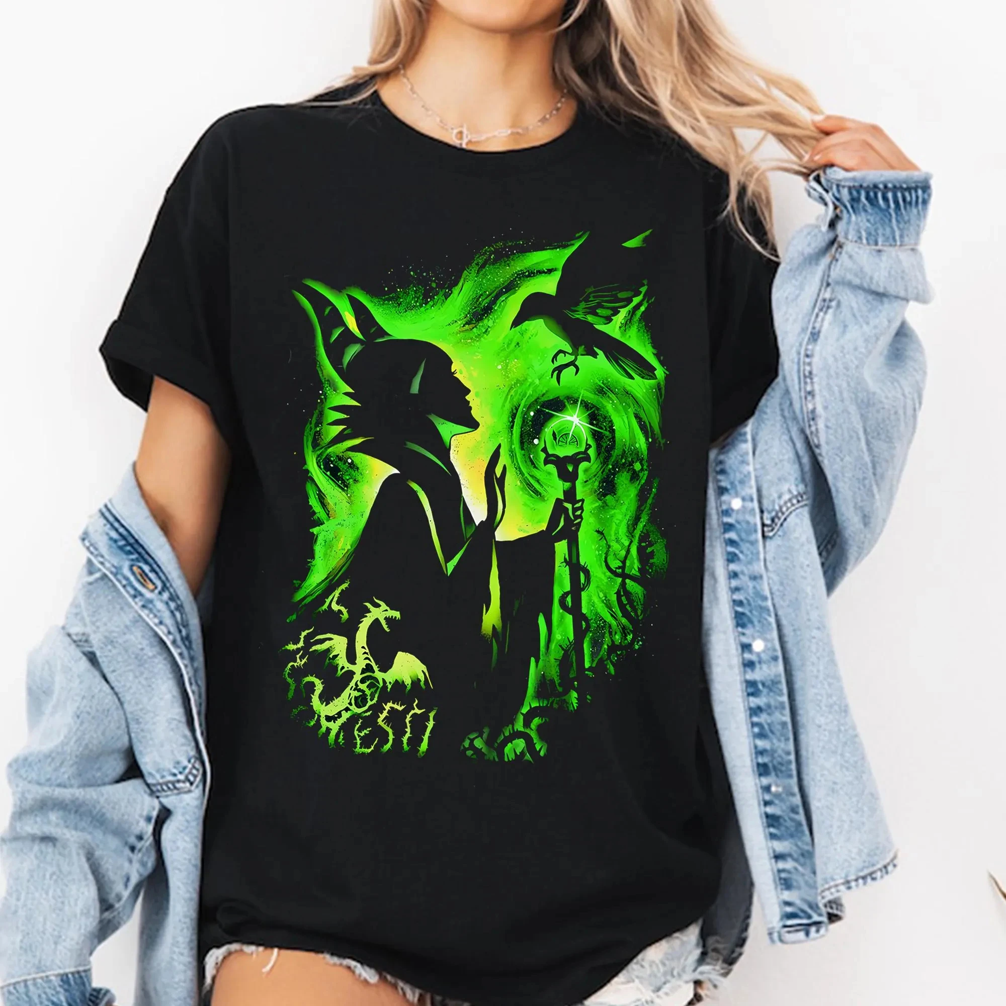 

Miniso Retro Disney Sleeping Beauty Dark Detailed Maleficent T-Shirt Disney Villains Tee Disneyland Trip Women Men Outfits