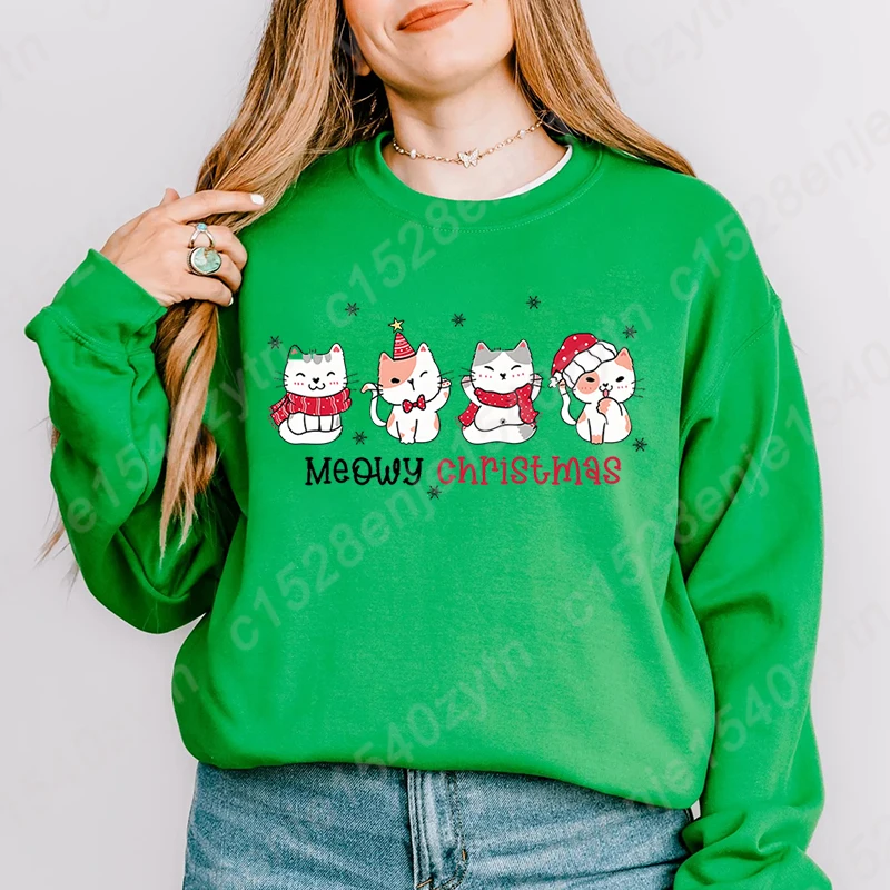 

Cat Meowy Christmas Print Sweatshirts For Women Creative Personalized Autumn Winter O Neck Hoodless Pullovers Ladies Casual Tops