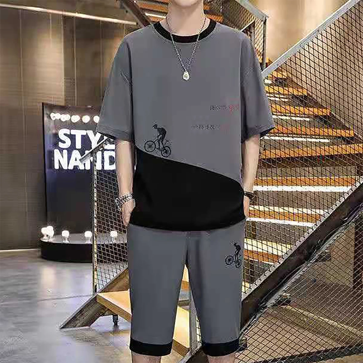 Men's Short Sleeved T-shirt With Two Tone Chinese Style Pattern Printed Five Quarter Pants Summer Youth Student Clothing