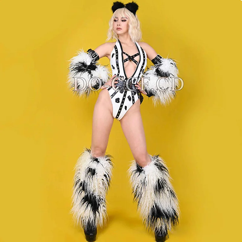 Traje de Drag Queen, Ropa de baile Gogo, mono blanco y negro, disfraz de escenario esponjoso, traje de actuación de Showgirl, ropa de fiesta Rave yk