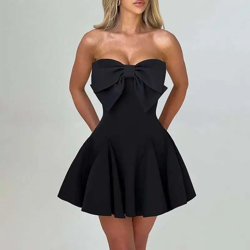 

Sexy Club Party Dresses Women 2025 Summer Off Shoulder Backless Bow Mini Short Dress A Line Pleated Birthday Vestidos Black