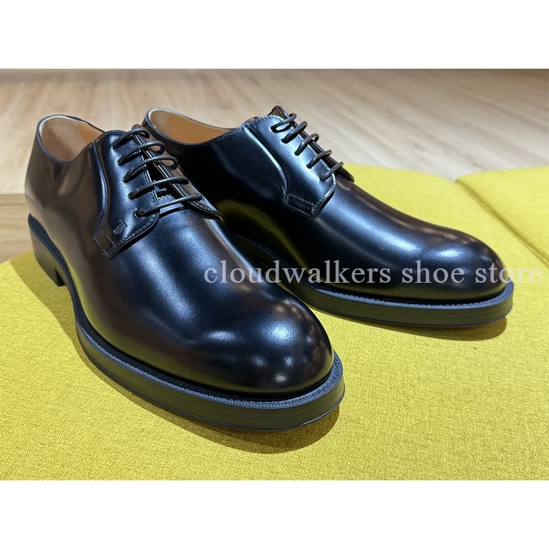 

Men's Black Glossy Patent Leather Round Toe Leather Shoes British Style Platform Lace Up Business Flat Shoes Banquet Formal Shoe