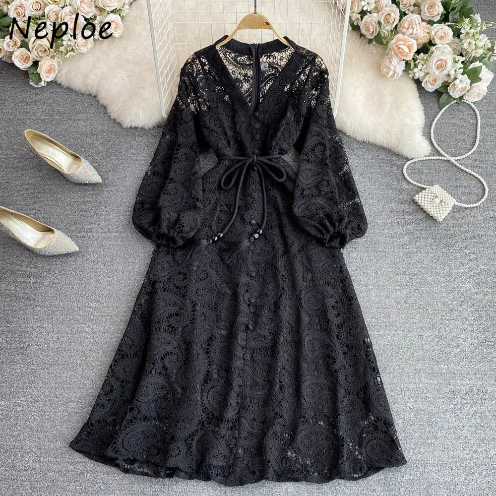 Neploe 2024 Early Autumn V Neck Lantern Sleeve Mujer Women Slim Fit Lace Hollow Out Dress Crochet Lace Up Big Swing Moda Robe