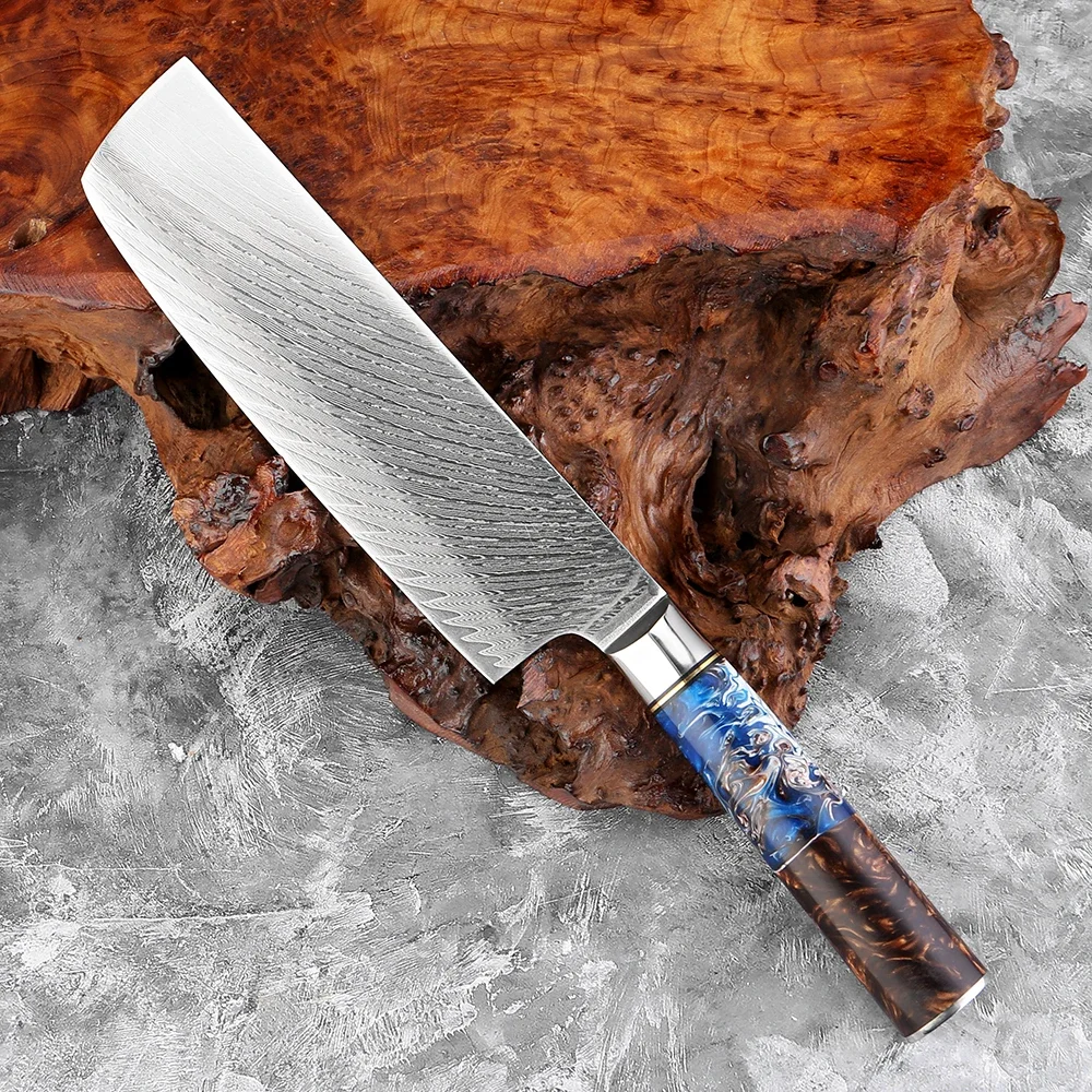 

Japanese Nakiri Knife 7 Inch, Razor Sharp 67 Layers Damascus Steel Chef Knife,Meat and Vegetable Kitchen Knife with Resin Handle