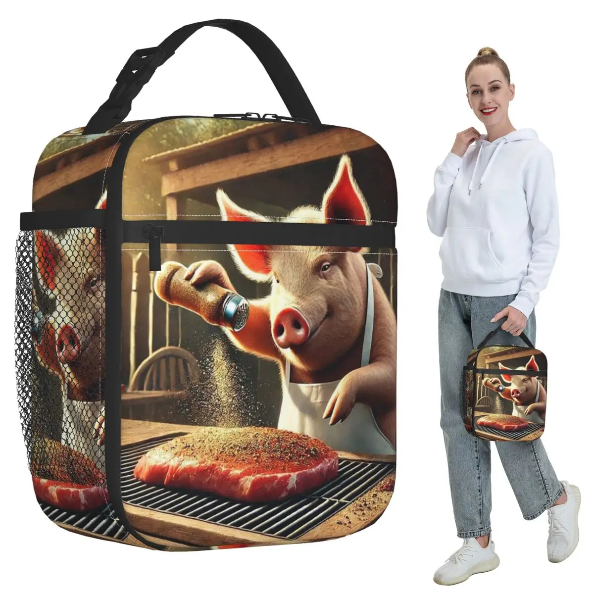 Cooking Pig Cartoon BBQ Scene Insulated Lunch Bag for Women Office Cooler Thermal Food Box Tote Portable Lunch Boxes Container