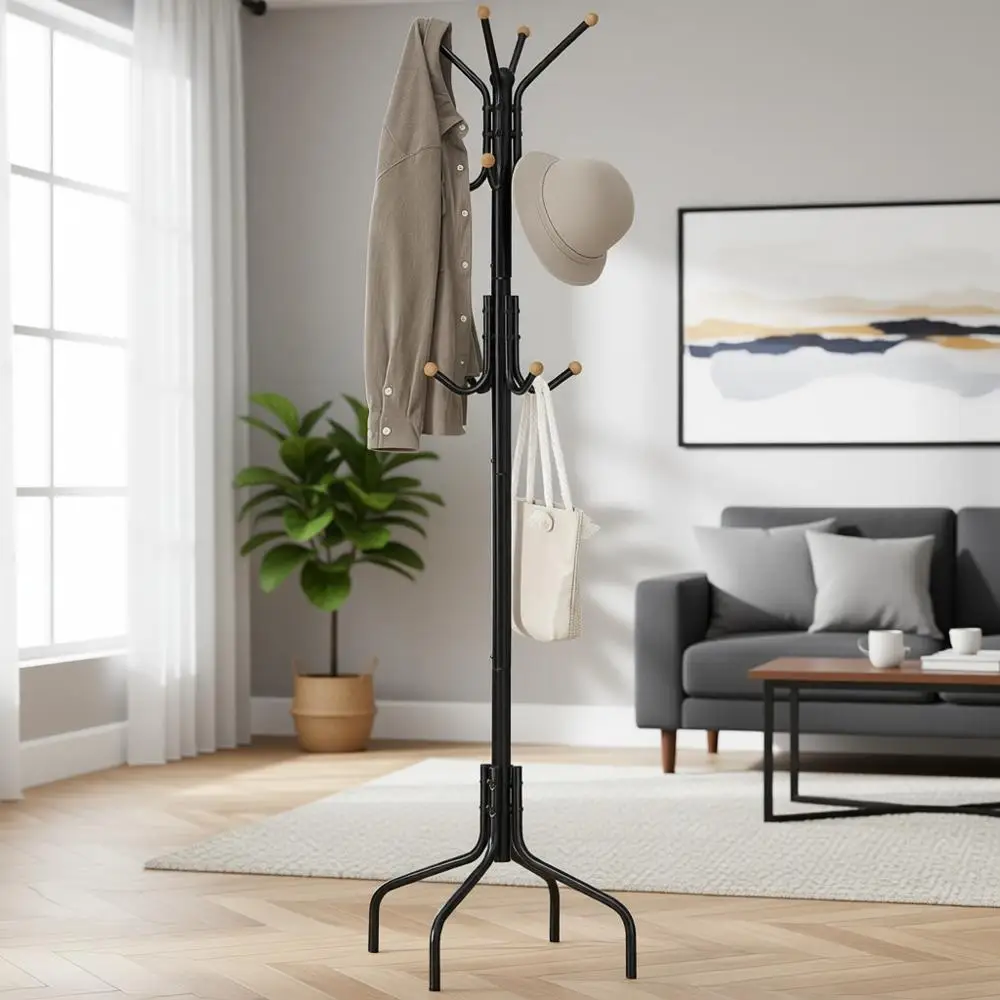 

Прочная металлическая вешалка-стойка с 12 крючками, 4 ножками, для одежды, шляп и сумок — идеально подходит для прихожей, гостиной, спальни, черная.