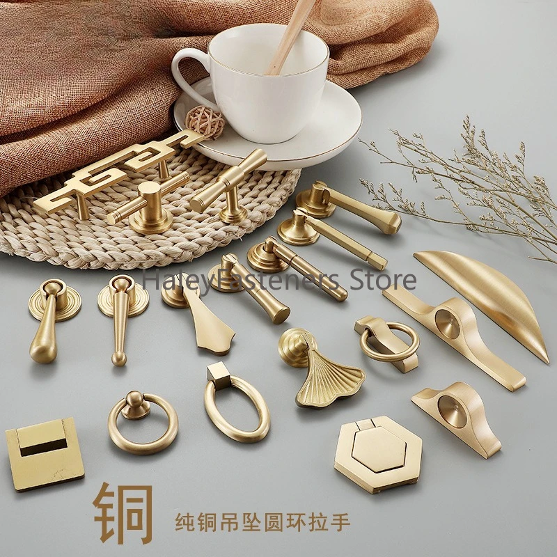 Brass drawer pull ring pendant handle pure copper gold new Chinese all copper ring wardrobe back pattern single hole door handle