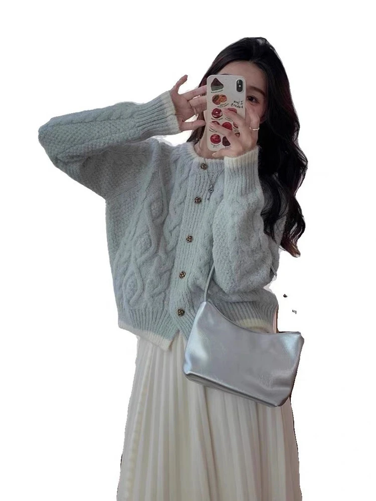 Coreano sle ort malha torção cardigan feminino outono inverno macio mouton preguiçoso sle camisola casaco calor aquecimento longo sve