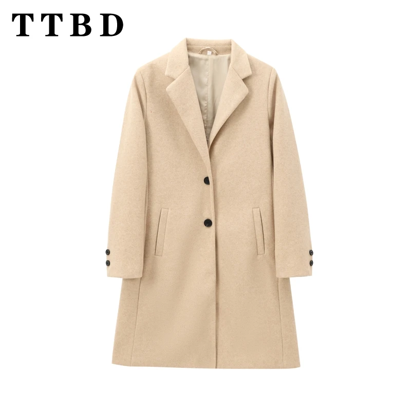 TTBD 2024 Autumn Lady Fashion Overcoat Top Commuting Winter Woman Beige Long Sleeve Jacket Loose Fit Thick Notched Collar Coat