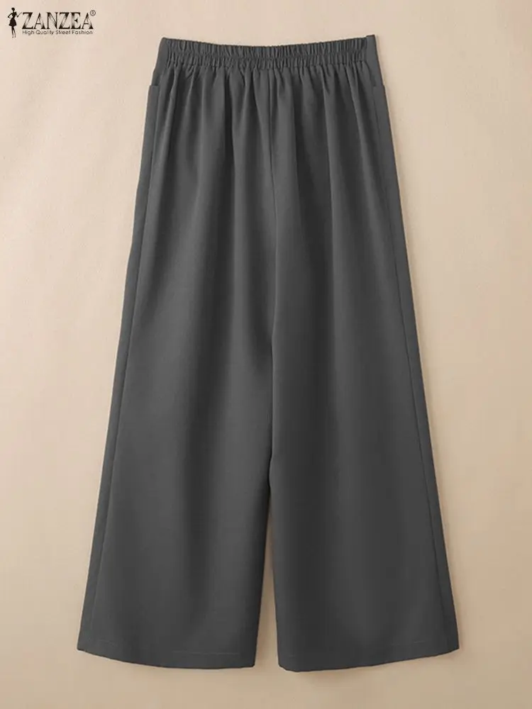 ZANZEA Fashion Women Wide Leg Pants 2026 Spring Elastic Waist Solid Color Loose Trousers Office Commuting Wear Woman Bottoms 3XL