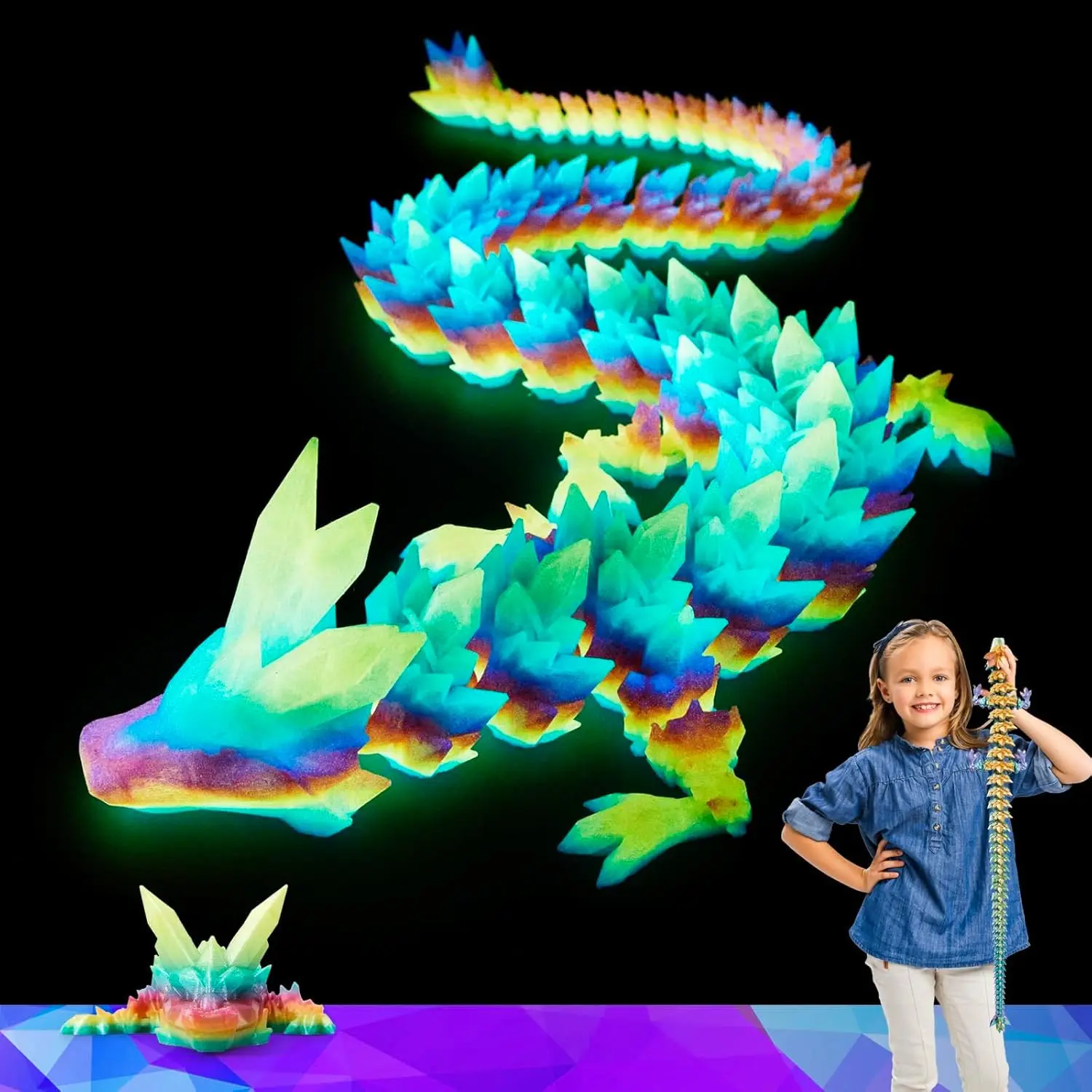 

Glow in the Dark 3D Printed Dragon Toy, Large 24 Inch Figurine for Kids Ages 5-7, Easter Gift and Home Decor