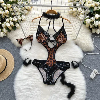 Image Plush Halter Jumpsuit Leopard Print Hollow Out Playsuit Sexy Cosplay Uniform PU Leather Patchwork Catsuit Women Erotic Lingerie