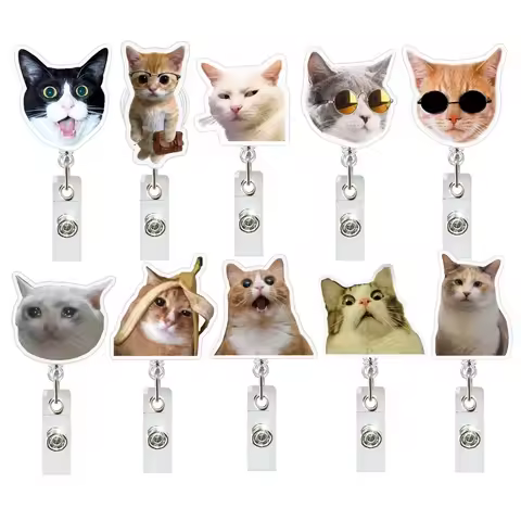 Funny Retractable Cat Keychain Lanyard Acrylic Name Tag Holder Memes Badge Reels