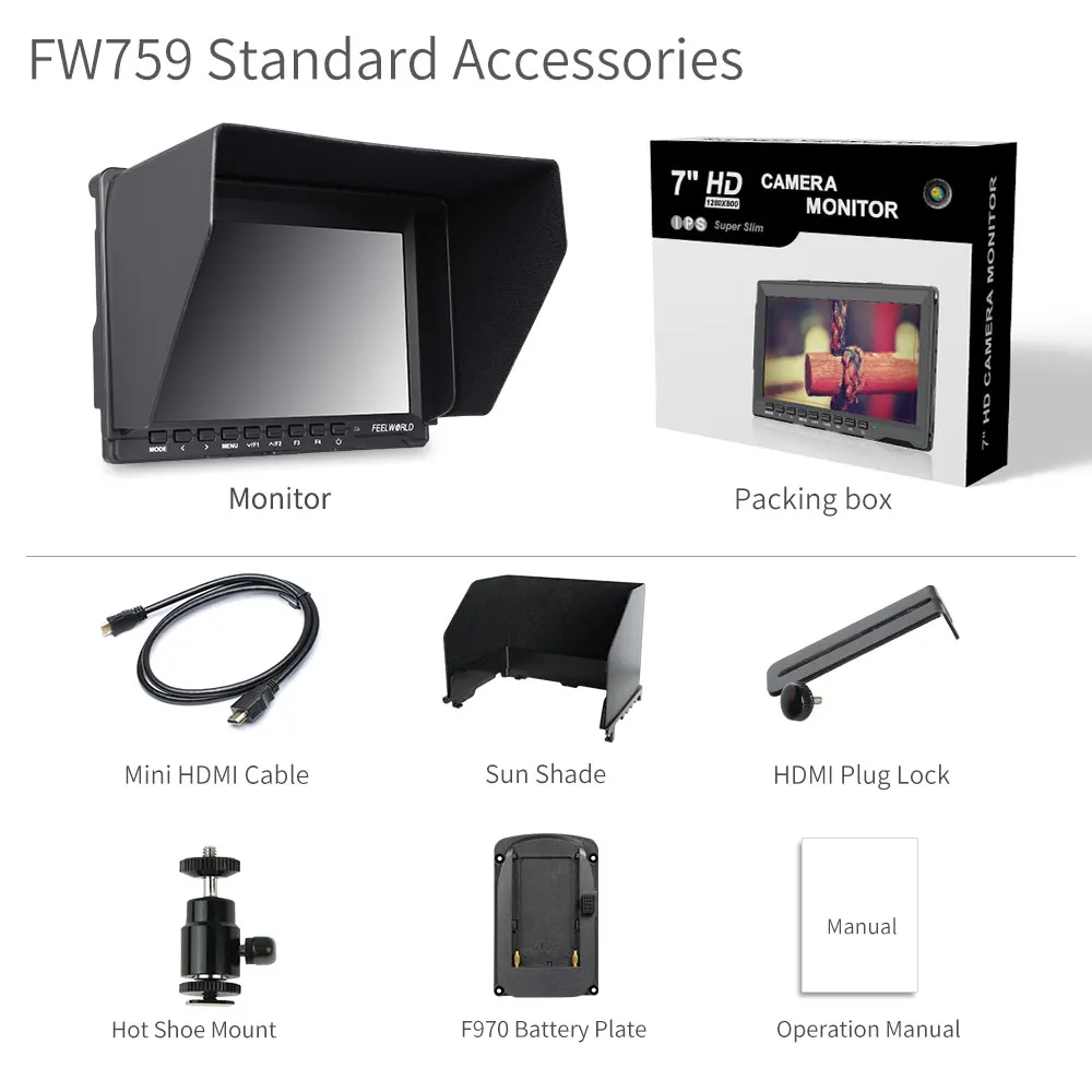 Feelworld 7 pollici HD 1280x800 DSLR Camera 4K Field Monitor HDMI AV Input schermo IPS 1200:1 rapporto di contrasto costante Monitor FW759