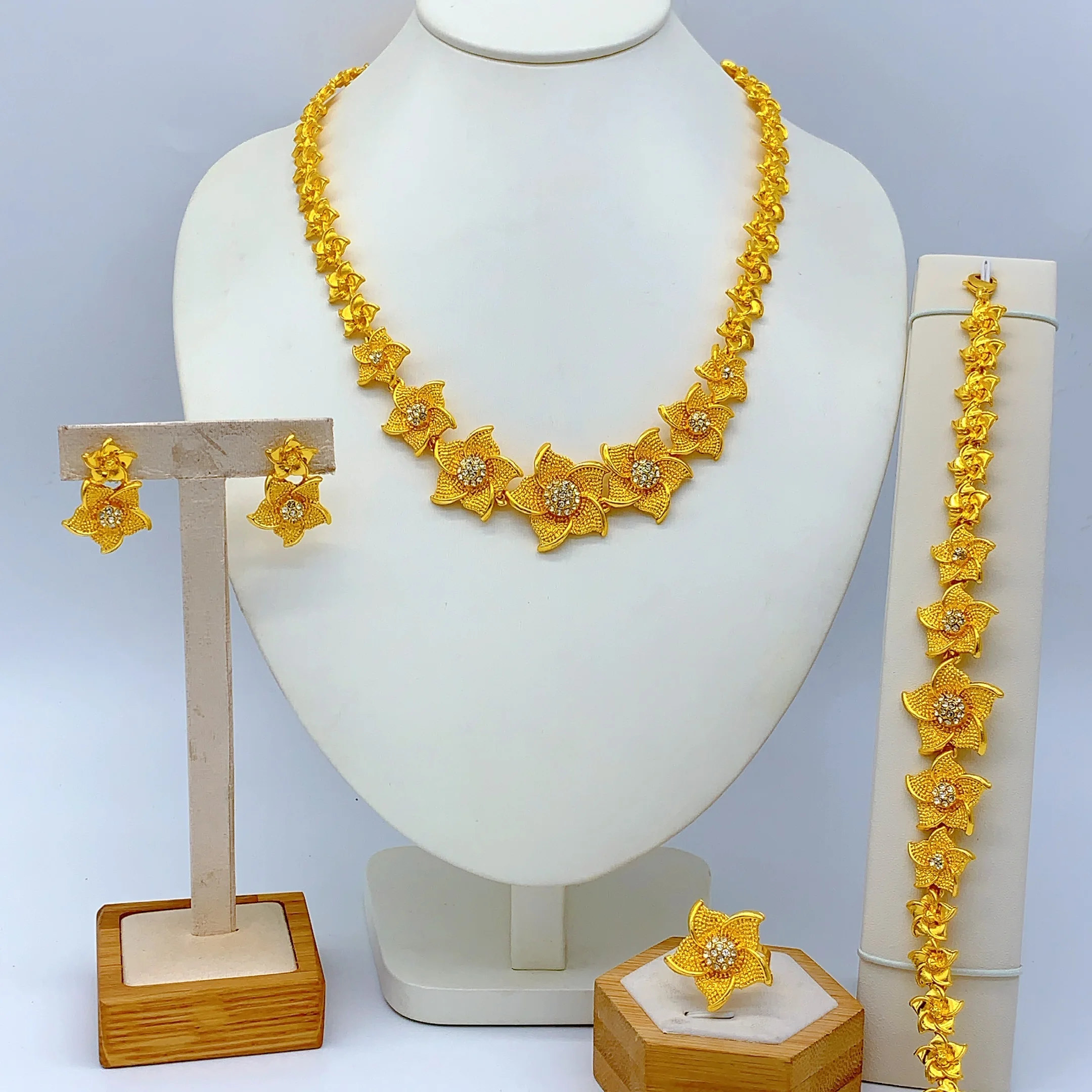 Brazilian Gold Plated Jewelry Set For Women Dubai Indian African Crystal Necklace Earrings Bridal Wedding Party Gift Jewellery