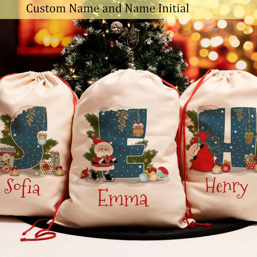 Saco con patrón inicial de nombre personalizado, bolso de lona personalizado con cordón, bolsa grande de regalo de Navidad para niños, regalos de vacaciones, bolsas de regalo de Navidad