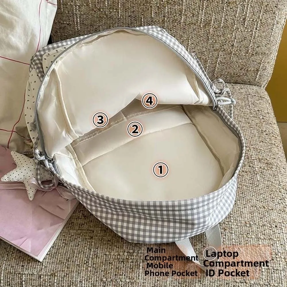 Korean Style Plaid Backpack Ruffle Design Lightweight Lace Schoolbag Zipper Closure Pastel Color Gingham Daypack Comic Con Otaku