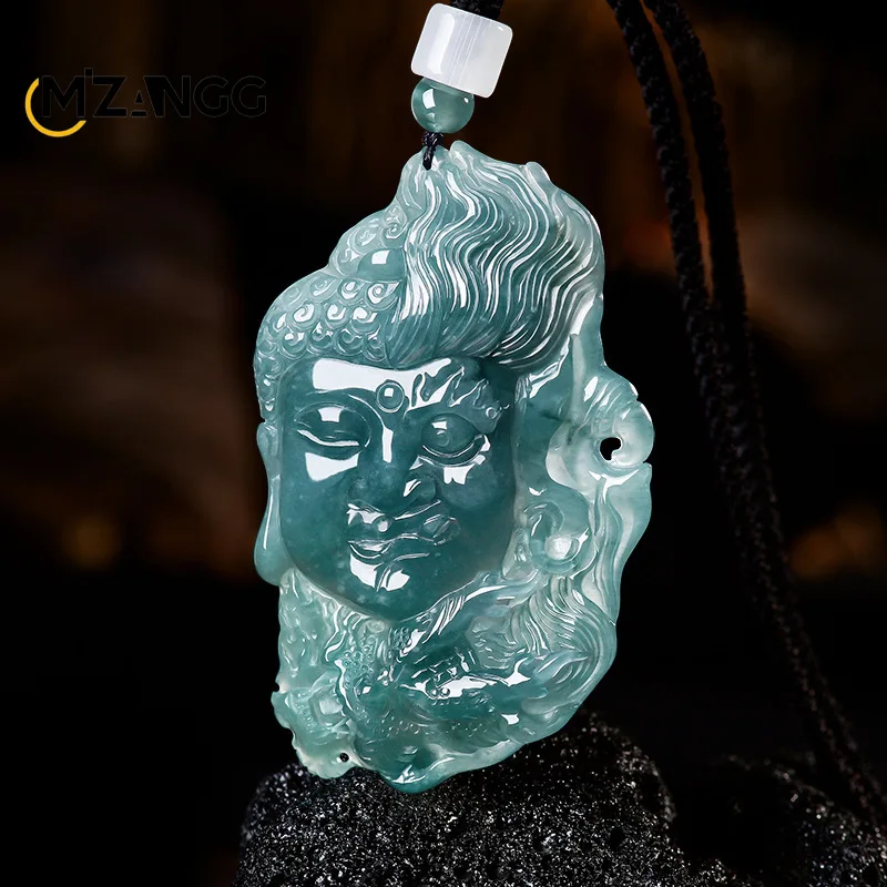 High-end Natural Jadeite Blue Water One Thought Becomes A Magic Pendant Men's Subduing Dragon Buddha Statue Necklace Mascot