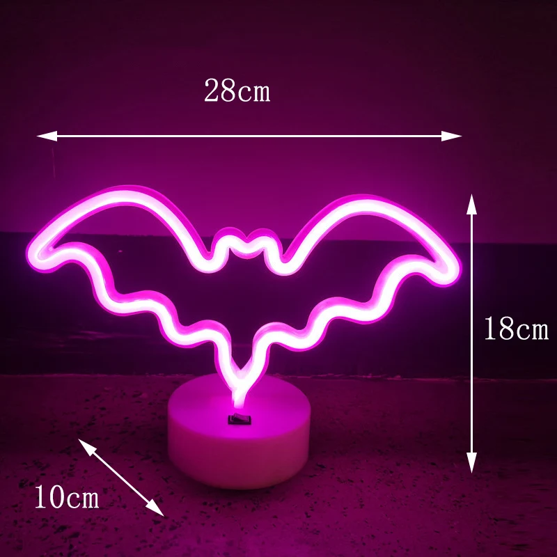 Desktop LED Neon Light Sign Heart Cat Cloud Lighting Bat Modeling Lamp with Base Decor Room Kid Nightlight USB & Battery Box