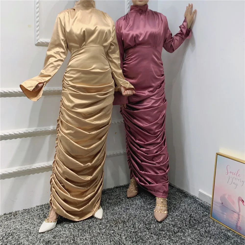 Fashion malaysia elegant satin body-con pleated long maxi slim muslim clothing dress for women