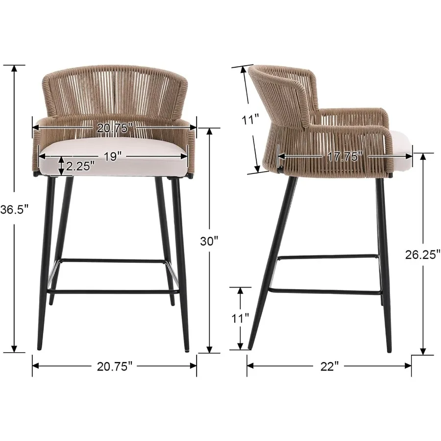 Farmhouse Woven Bar Stools Set of 2, 26 Inch Linen Upholstered Rattan Barstools with Curved Backs, Modern Cane Counter Height B