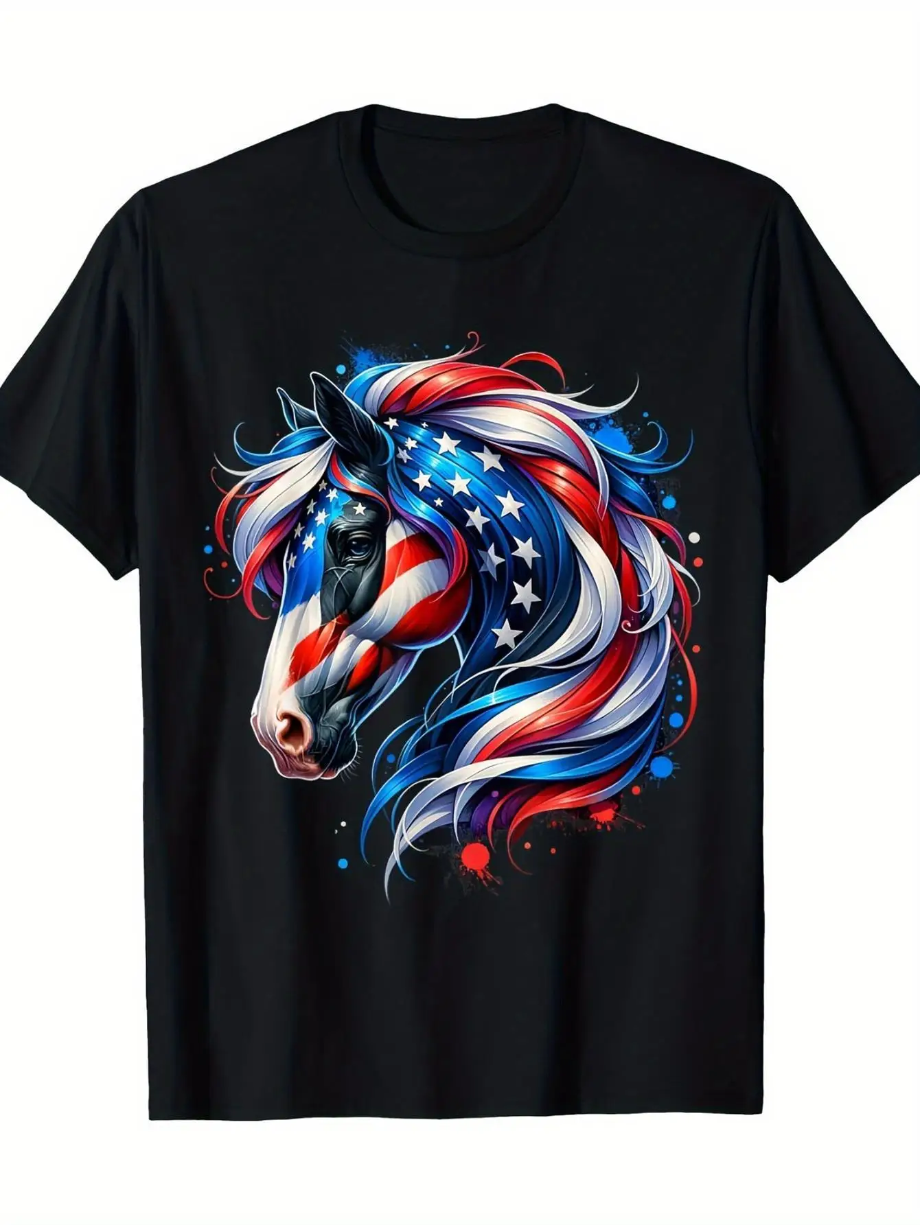 Men's Patriotic Horse American Flag T-Shirt - Black Independence Day Shirt with Stars & Stripes Horse Head, Heavyweight 180gsm Cotton Tee for 4th of July, Parades, Barbecues - Machine Washable Casual Top, Fourth Of July Apparel, Durable Print Quality