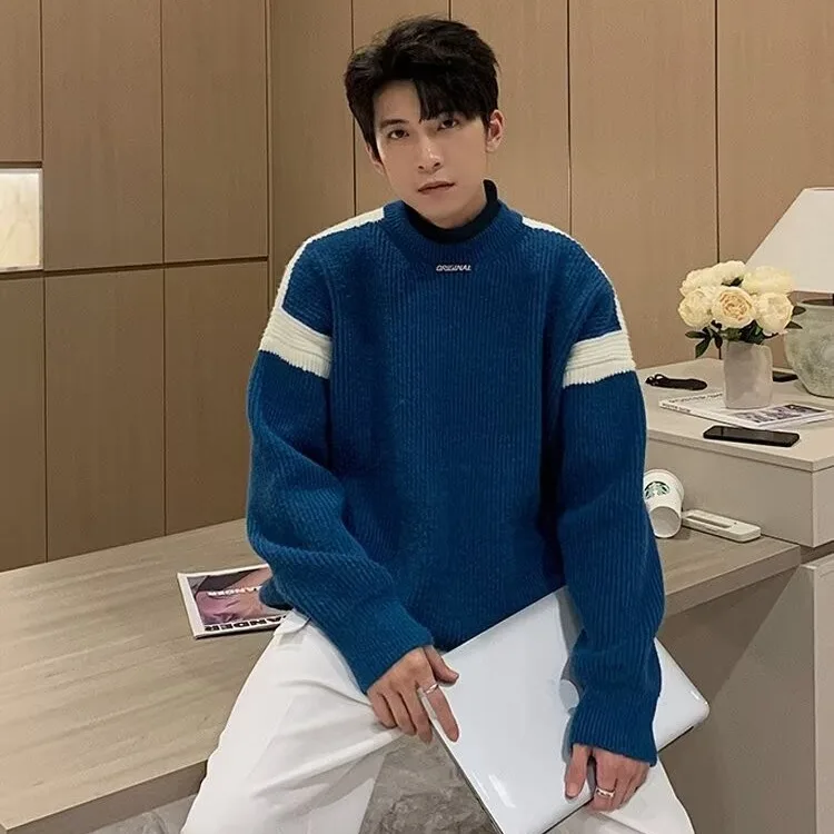 

Высококачественный мужской вязаный свитер большого размера (250 Pou) в корейском стиле, свободного кроя, с цветовыми блоками, простой, осенний, модный, с воротником-бомбер.