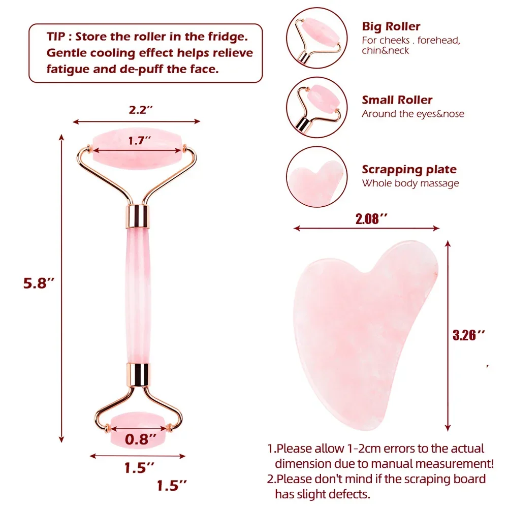 Natural Rose Quartz Jade Roller Gua Sha Set Facial Body Massager Gua Sha Scraper for Face Eye Neck Skin Care Tool Gift Bag Box