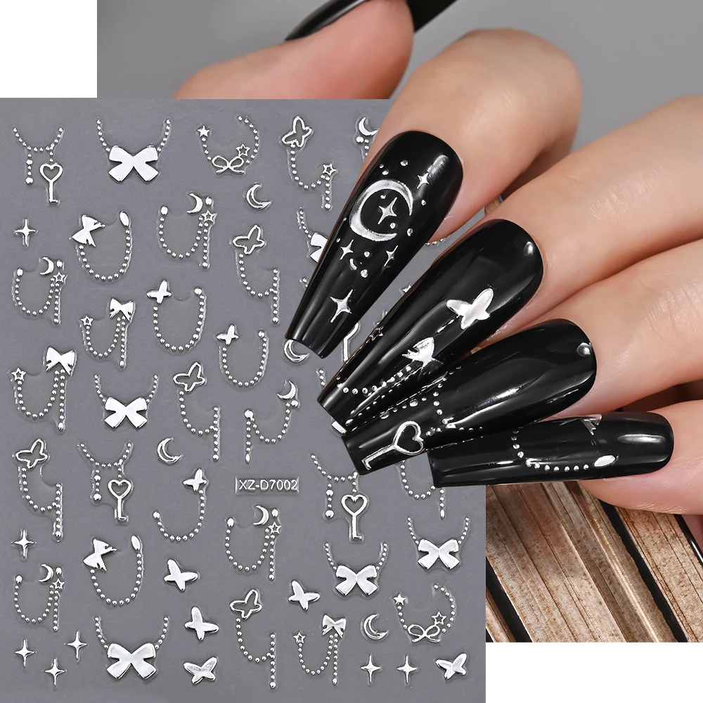 1 stks 3D Metaal Zilveren Strik Nail Art Sticker Prachtige Lint Zelfklevende Nagels Decals Y2K Boog Slider DIY manicure Accessoires