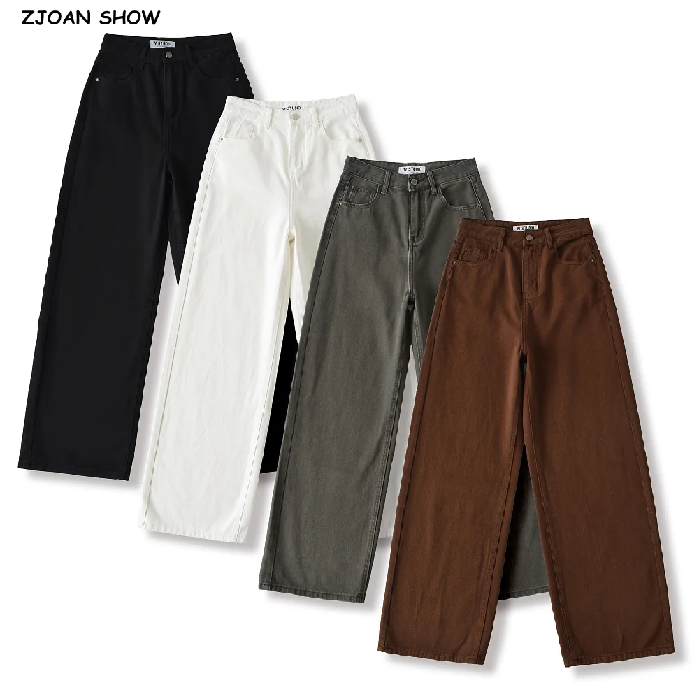 

Осень 202, винтажные широкие джинсы с высокой талией, свободные прямые джинсовые брюки в американском стиле ретро, низ кофейного, черного, белого, серого цвета