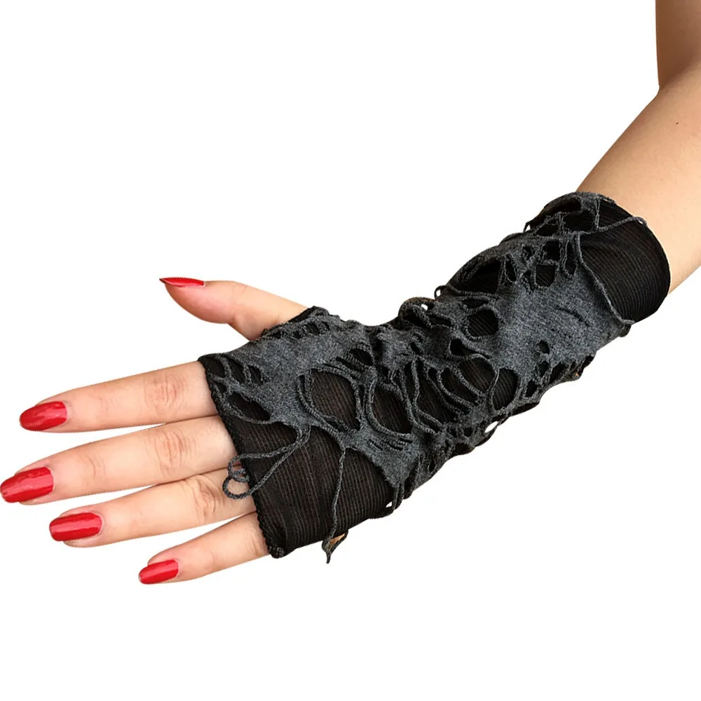 1 Pair Halloween Broken Slit Gloves Black Ripped Holes Cosplay Gloves Adults Sexy Gothic Fingerless Gloves Fashion Accessories