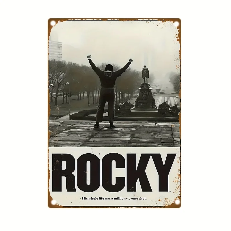Letrero de chapa de metal 2D plano, vintage "ROCKY", decoración rústica de pared de 8,0x12,0 pulgadas con escena de estatua Rocky Balboa para el hogar, bar, oficina