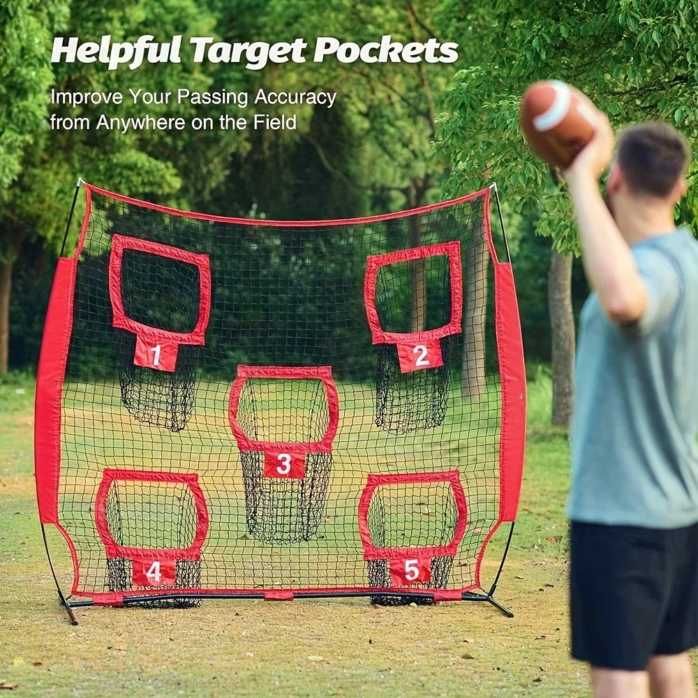 7x7ft Football Throwing Net QB Training Equipment with 5 Target Pockets Quick Setup Portable Carry Bag Indoor Outdoor Sports