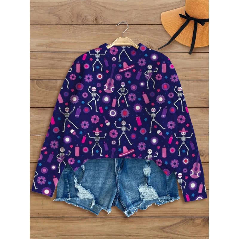 

Skull Violin Halloween Print Women's Knitted Pullover Round Neck Long Sleeve Warm Casual Loose Comfortable Autumn Winter