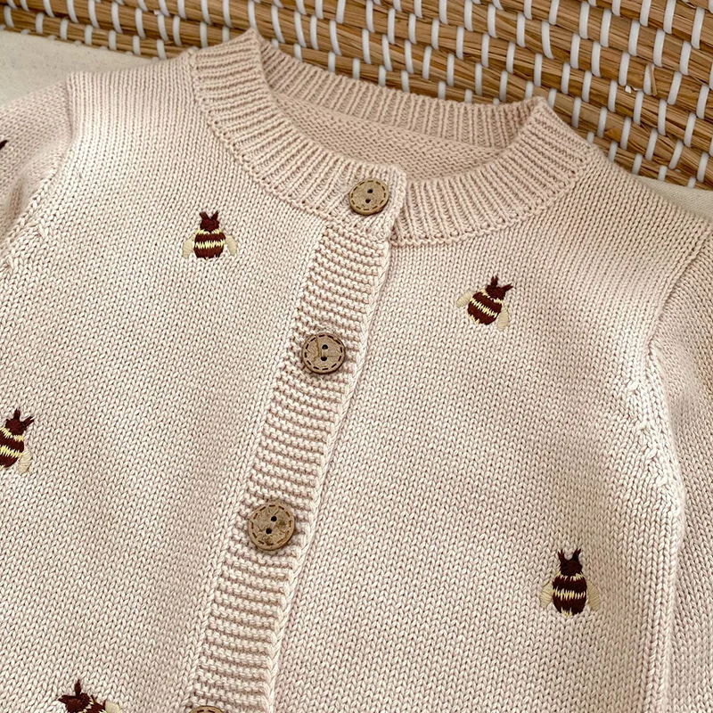 Infant Baby Girls Bee Embroidery Knitted Cardigan Coat Spring Autumn Newborn Kids Baby Girls Long Sleeves Cardigan Coat 0-3Yrs