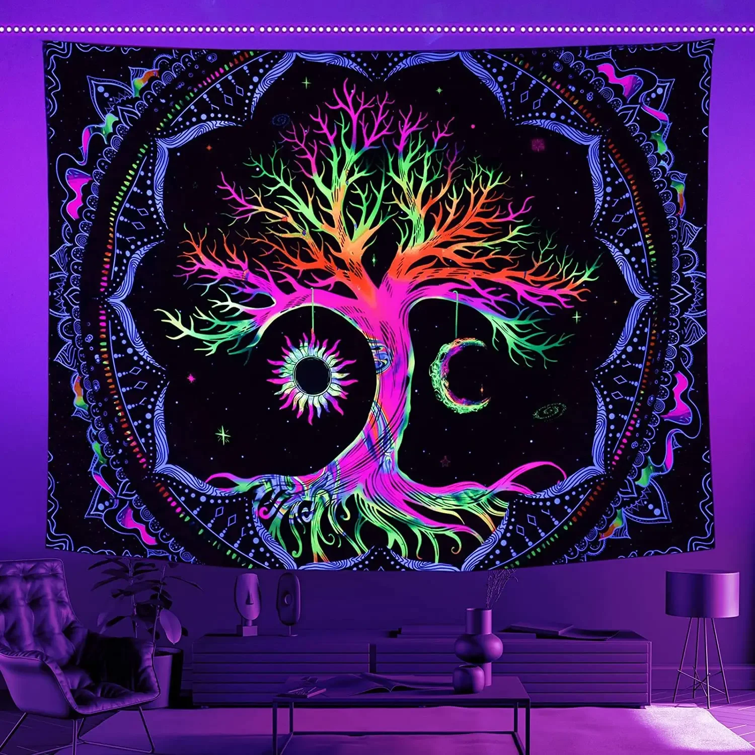 Psychedelic Black Light Colorful Tree of Life Fluorescent Tapestry UV Response Wall Hanging Hippie  Room Decoration