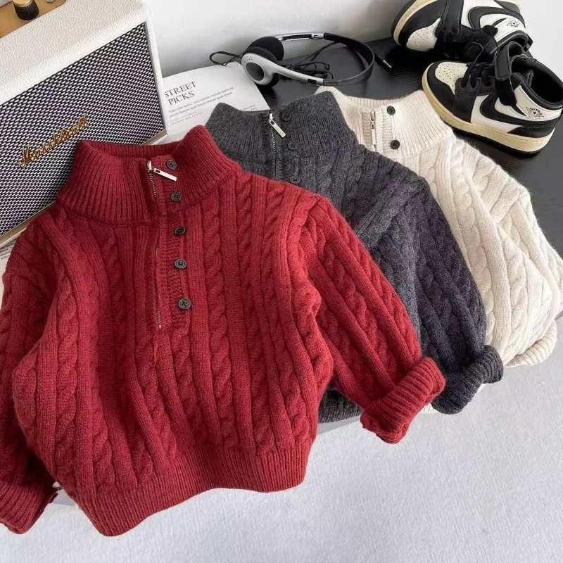 Children's Sweater New Style Boys'Girls Fried Dough Twists Sweater Spring Autumn Winter Half High Neck Sweater