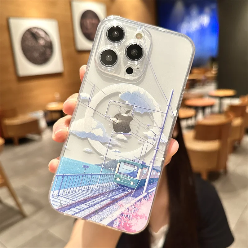 Anime Hand Painted Scenery Tram Magnetic Case For iPhone 16 15 14 13 12 11 Pro Max 16 15 14 Plus Magsafe Wireless Charge Cover