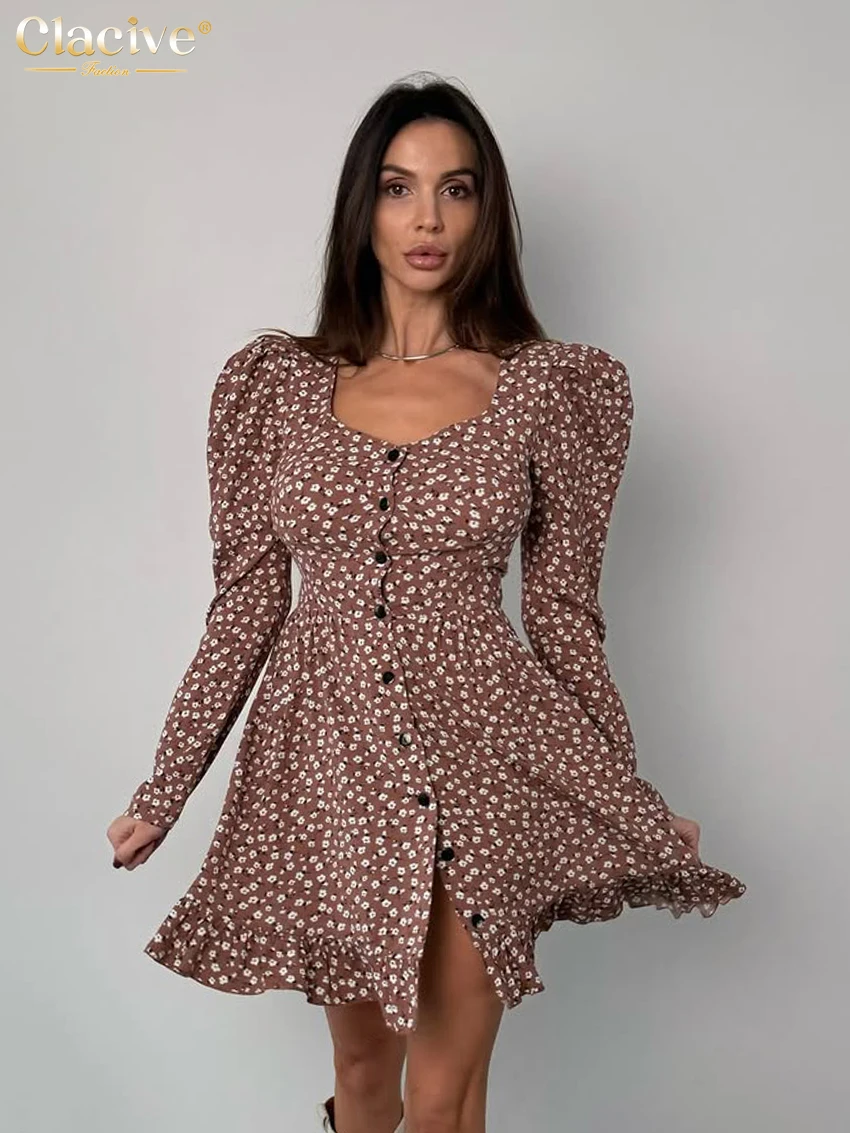 

Clacive Fashion Loose Print Women's Dress 2026 Sexy U-Neck Long Sleeve Mini Dresses Lady Elegant Classic High Waist Female Dress