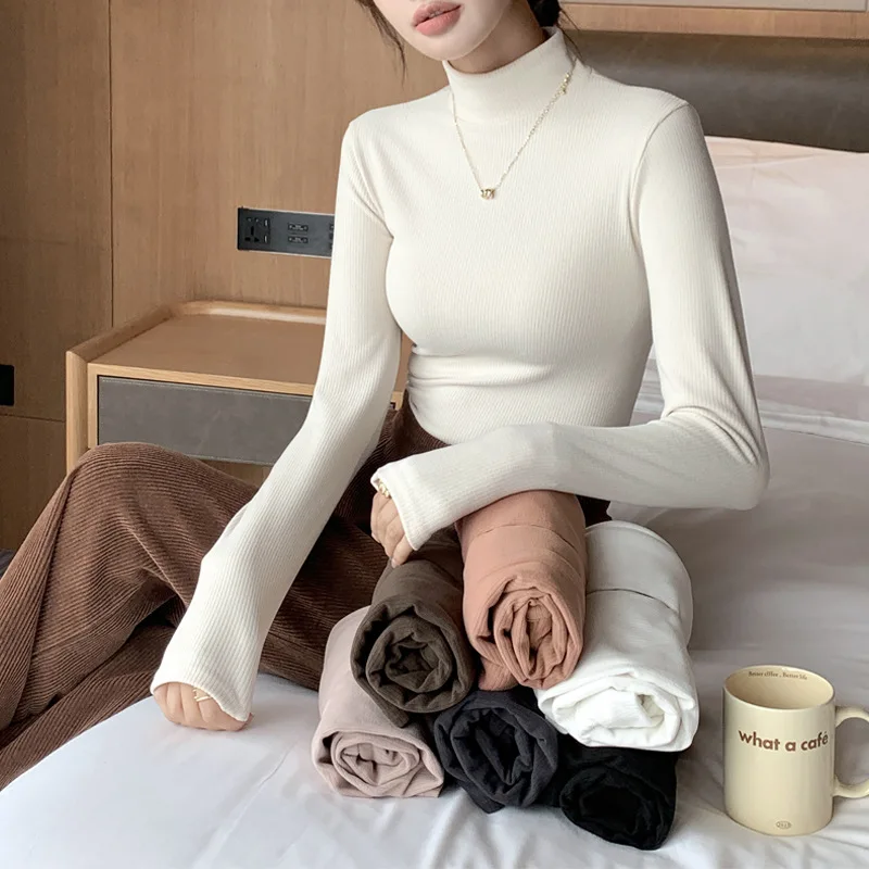 Women T-shirts Long Sleeve Stand Collar Bottoming Shirt Slim Fit Basic Kniited Under Shirts Autumn Winter Innerwear Solid Top