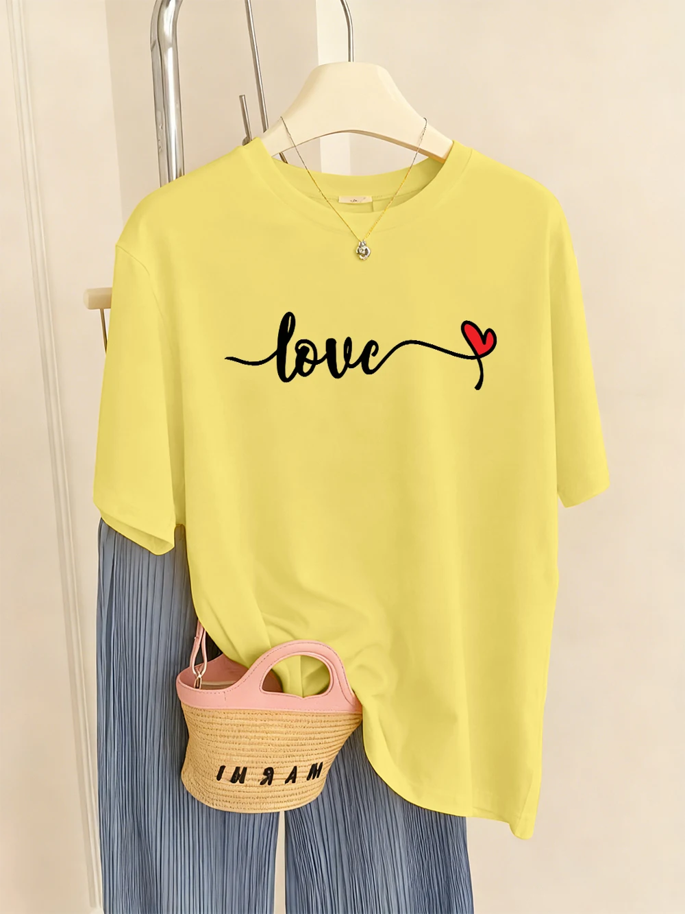 T-Shirt mit Herz-Liebesbrief-Aufdruck für Damen, lässig, bequem, O-Ausschnitt, weich, kurzärmelig, Sommer, lockere Damenkleidung
