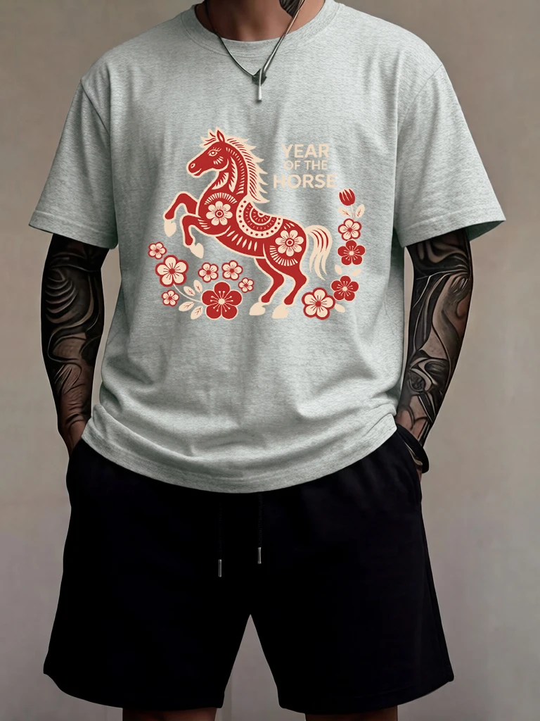 

Year Of The Horse Window Flower Printed Sport Street Men T-Shirt Suit Cotton Breathable Classic Tops Loose Summer Tees & Shorts